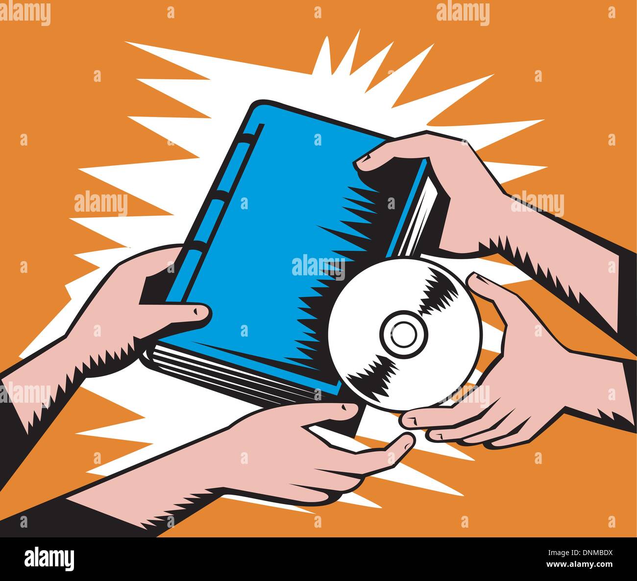 Illustration of two pair of hands exchanging book and cd disk done in retro woodcut style. Stock Vector