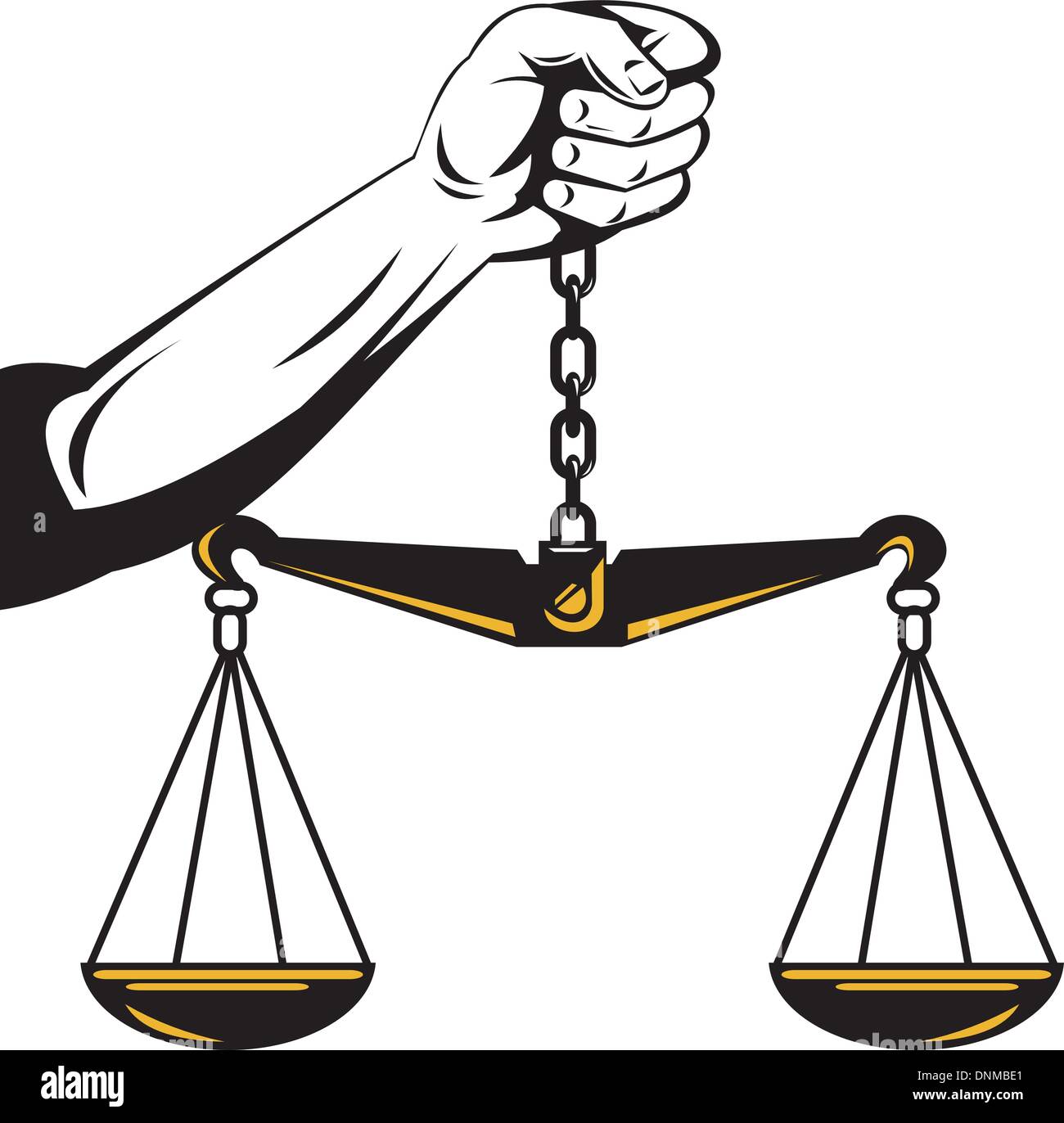 Illustration of hand holding scales of justice retro woodcut style