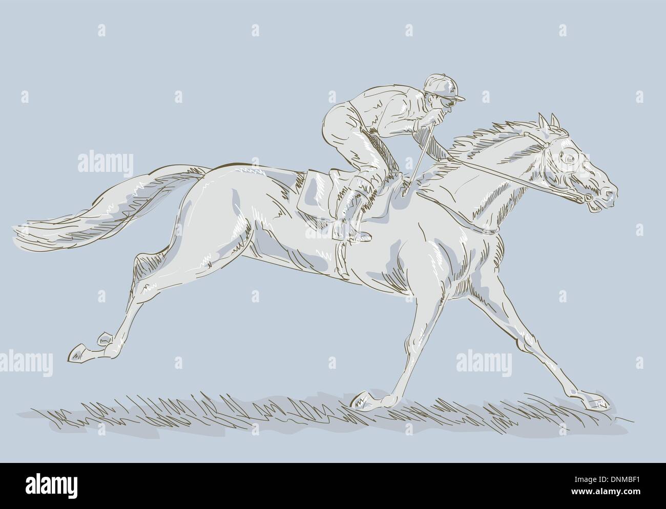 Hand sketched and drawing of a Horse and jockey in a race winning Stock Vector