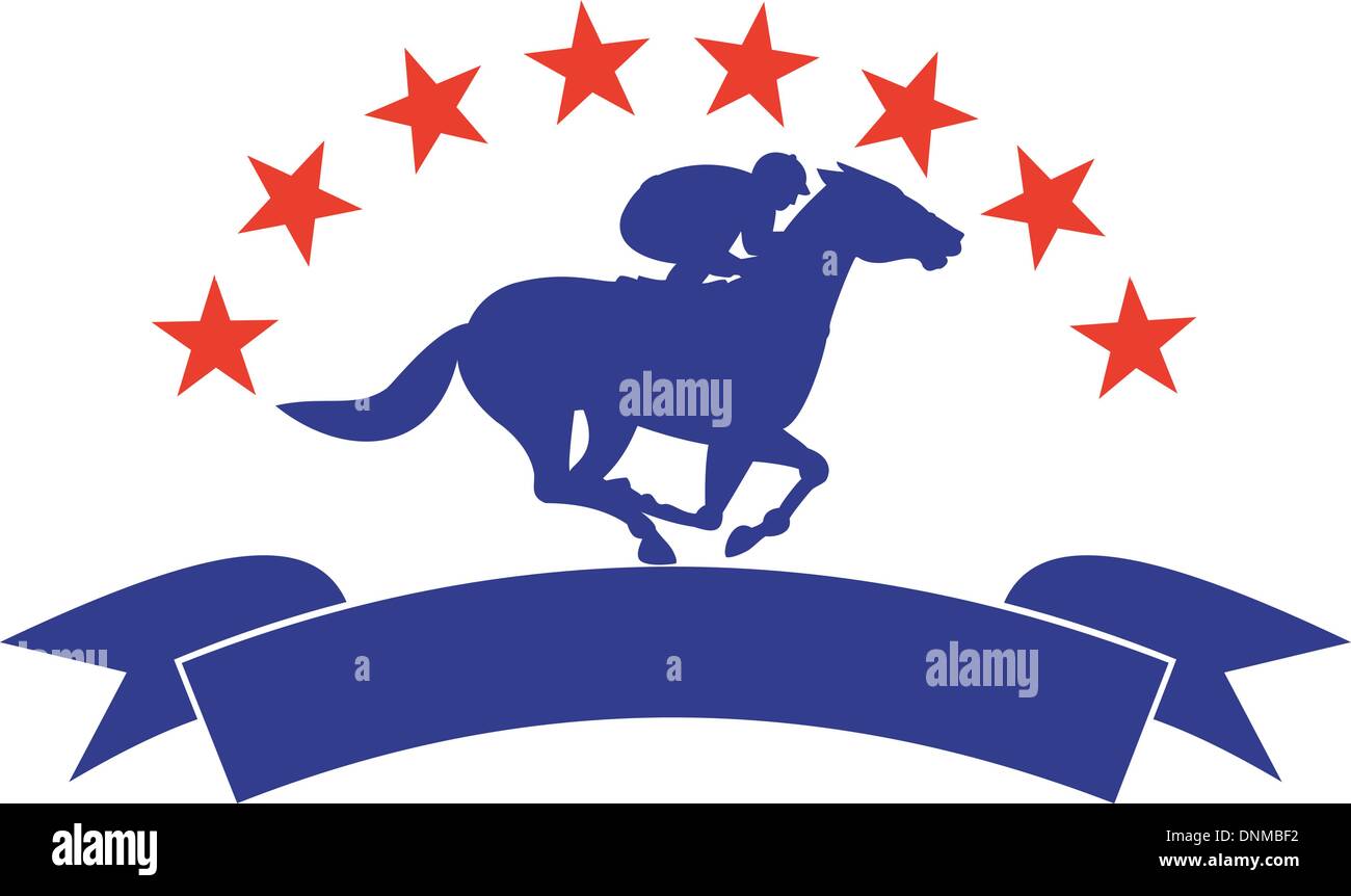 illustration of a horse and jockey racing silhouette with scroll in front and stars in background isolated on white Stock Vector