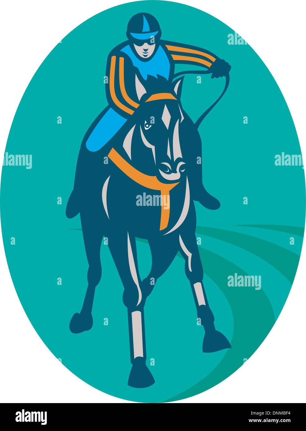 illustration of a Horse and jockey racing  race track front view Stock Vector