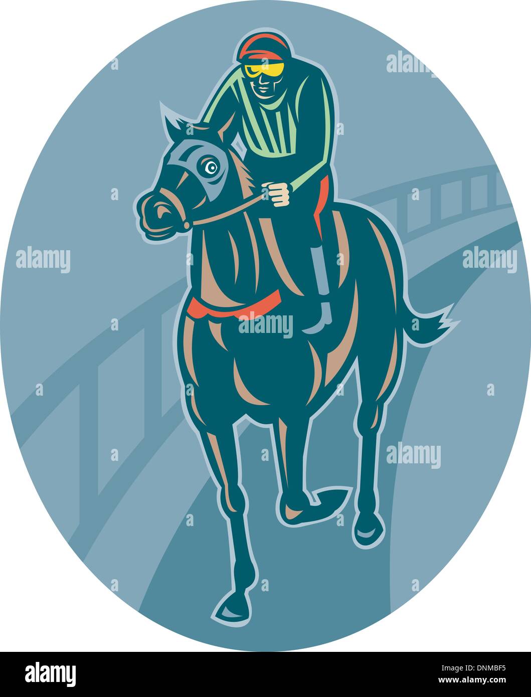 illustration of a Horse and jockey racing  on race track done in retro style. Stock Vector