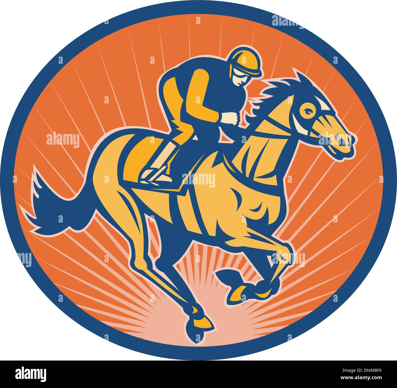 illustration of a horse and jockey racing side view done in retro ...