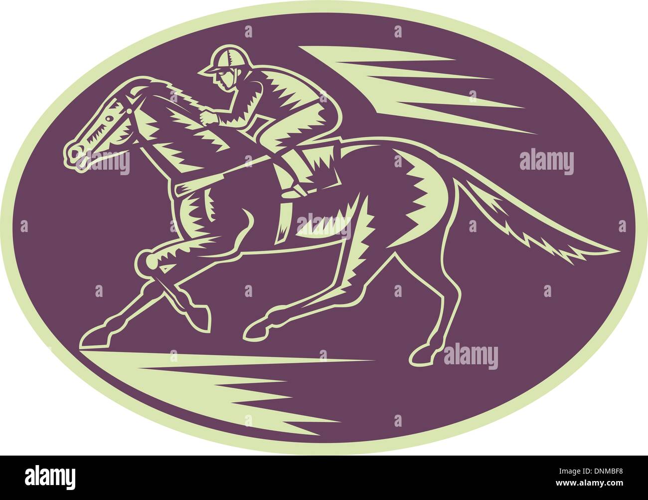 illustration of a Horse and jockey racing side view done in woodcut style. Stock Vector