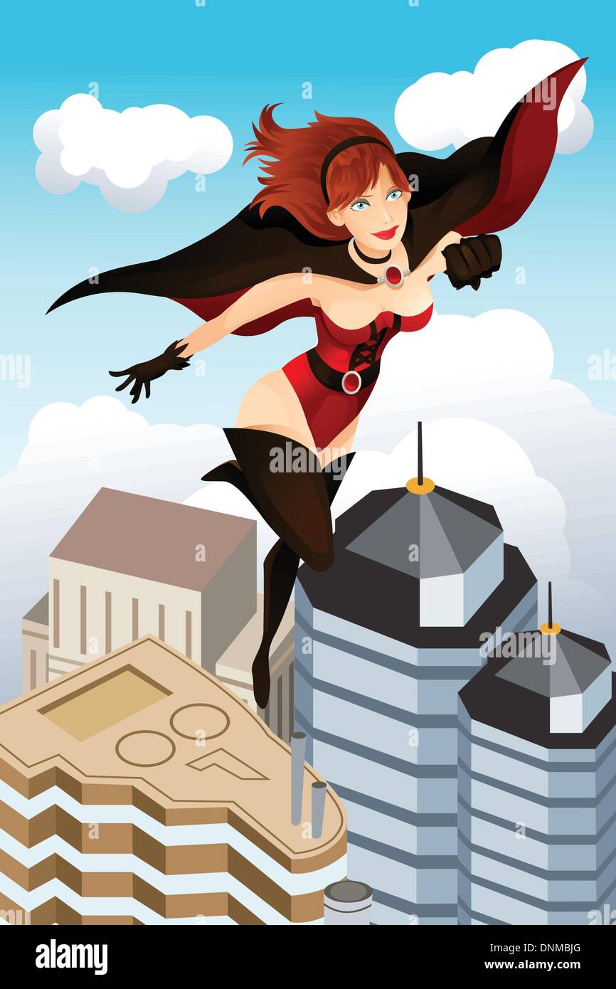 A vector illustration of a super hero flying above the city Stock Vector