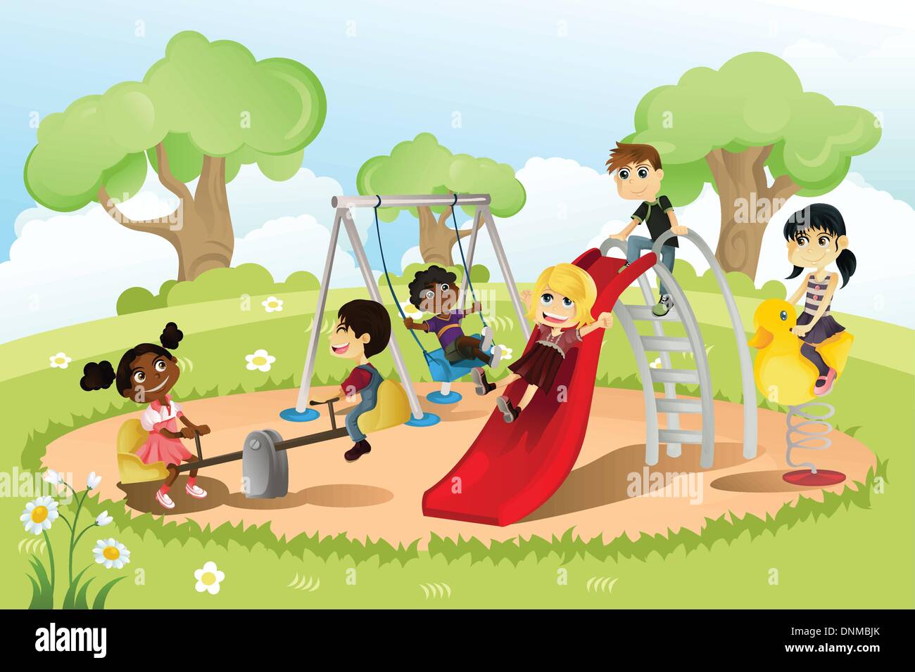A vector illustration of a group of multi-ethnic children playing in the playground Stock Vector