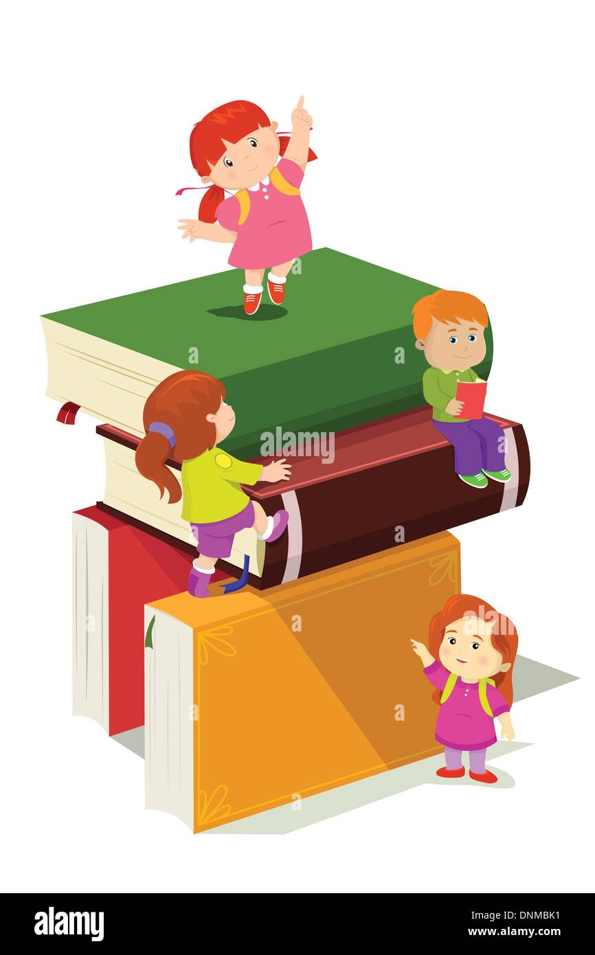 A vector illustration of kids climbing in stack of books Stock Vector