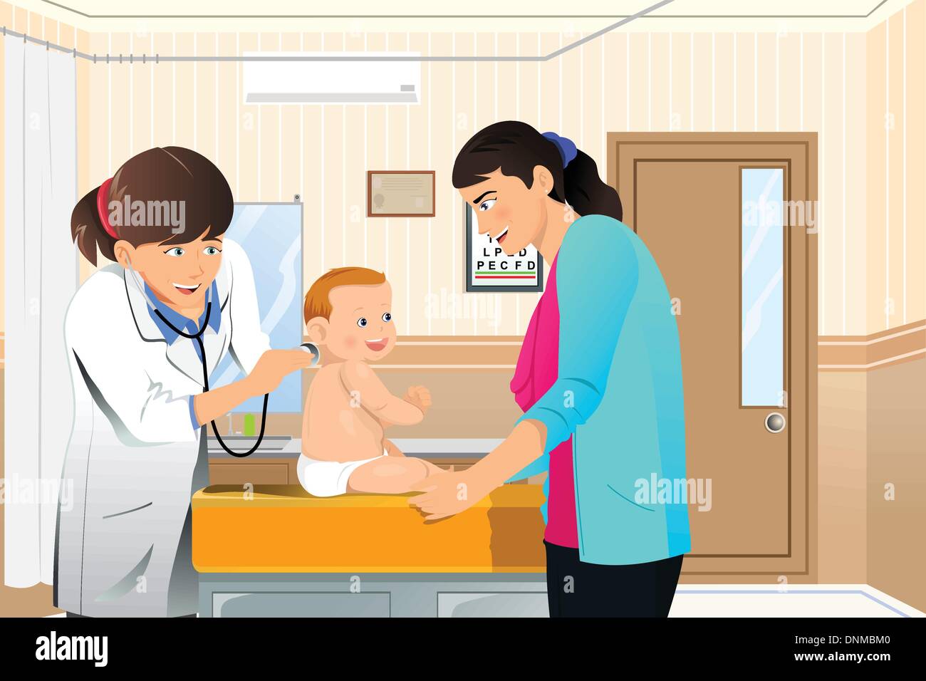 A vector illustration of a doctor examining a baby at her office Stock Vector