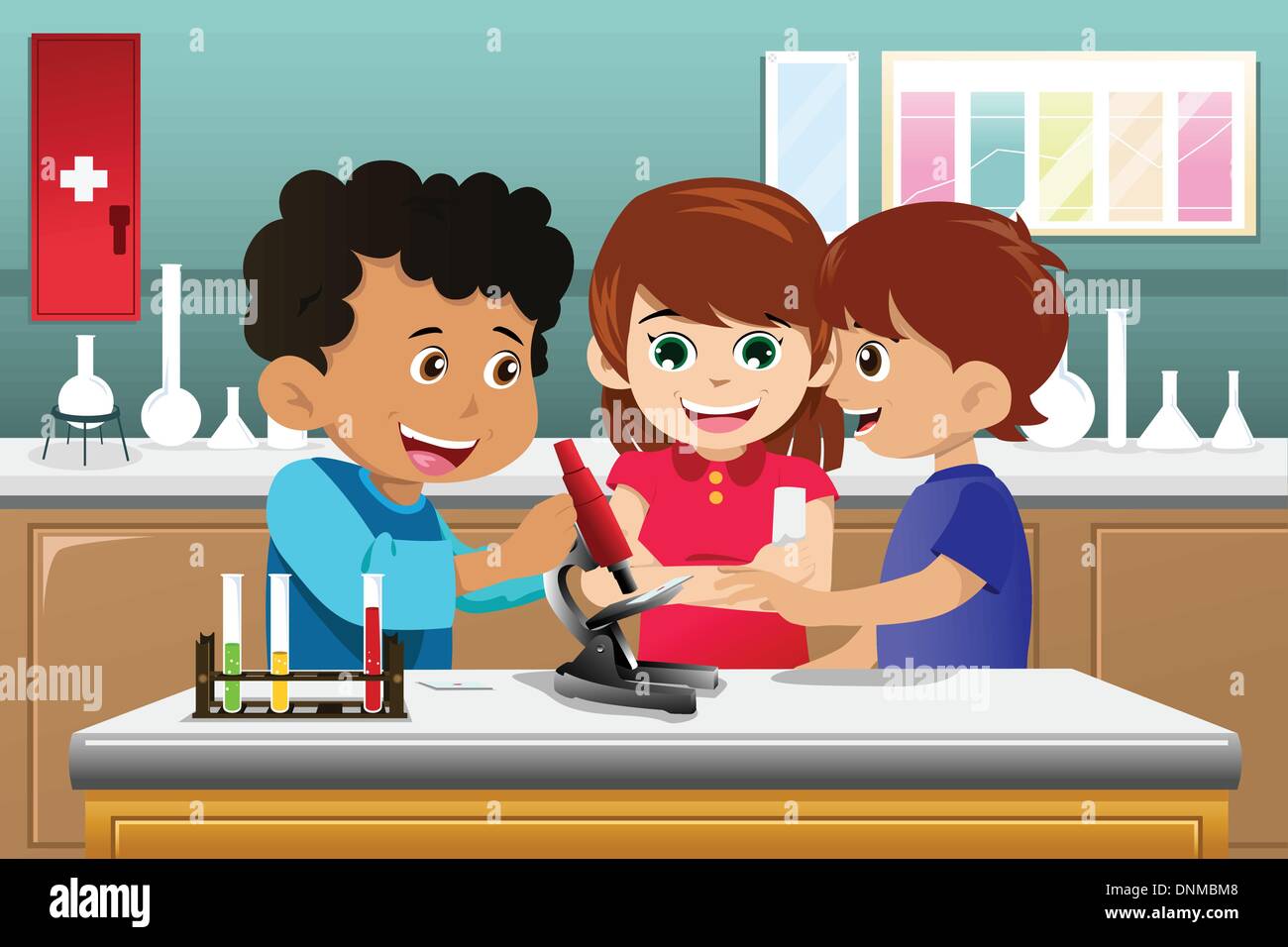 A vector illustration of kids making science experiment in a lab Stock