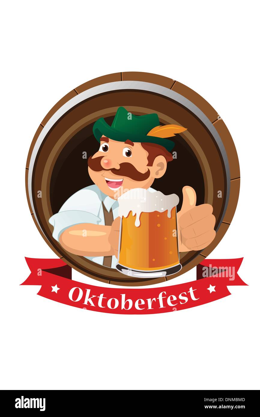 A vector illustration of a mustache guy holding beers celebrating Oktoberfest Stock Vector