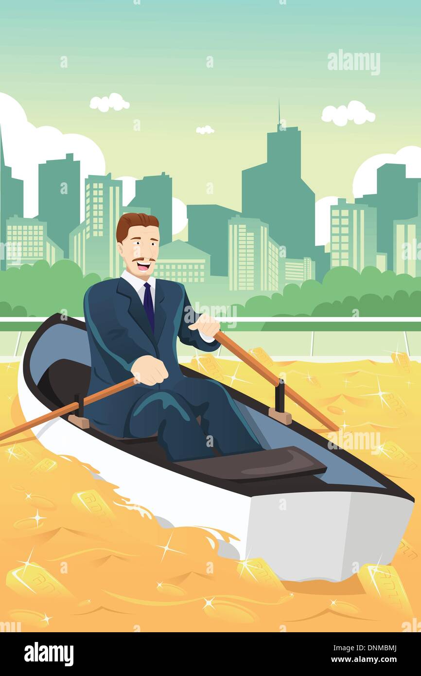 A vector illustration of happy businessman rowing a boat in a pond of gold Stock Vector