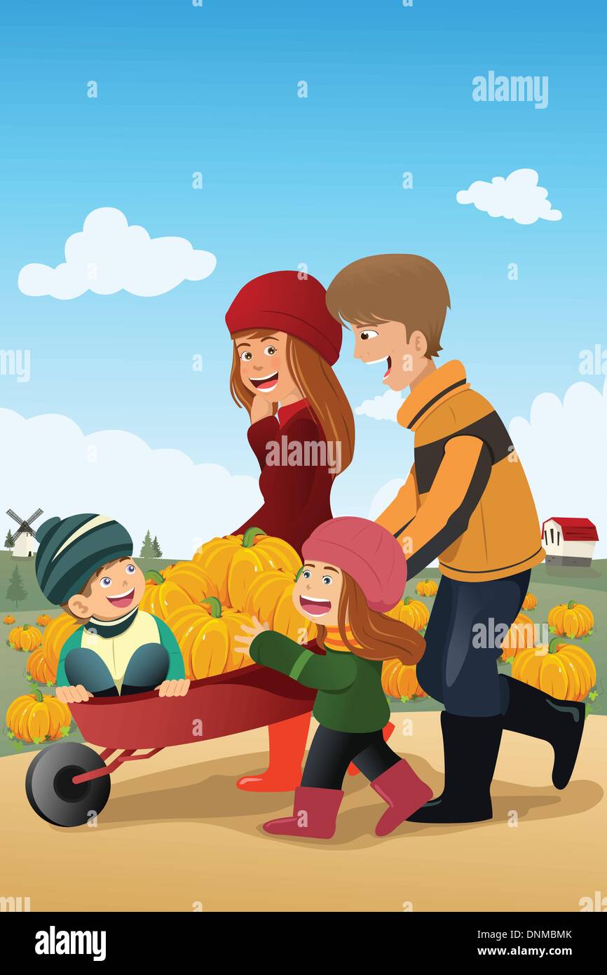 A vector illustration of happy kids having fun on a pumpkin patch with their parents Stock Vector