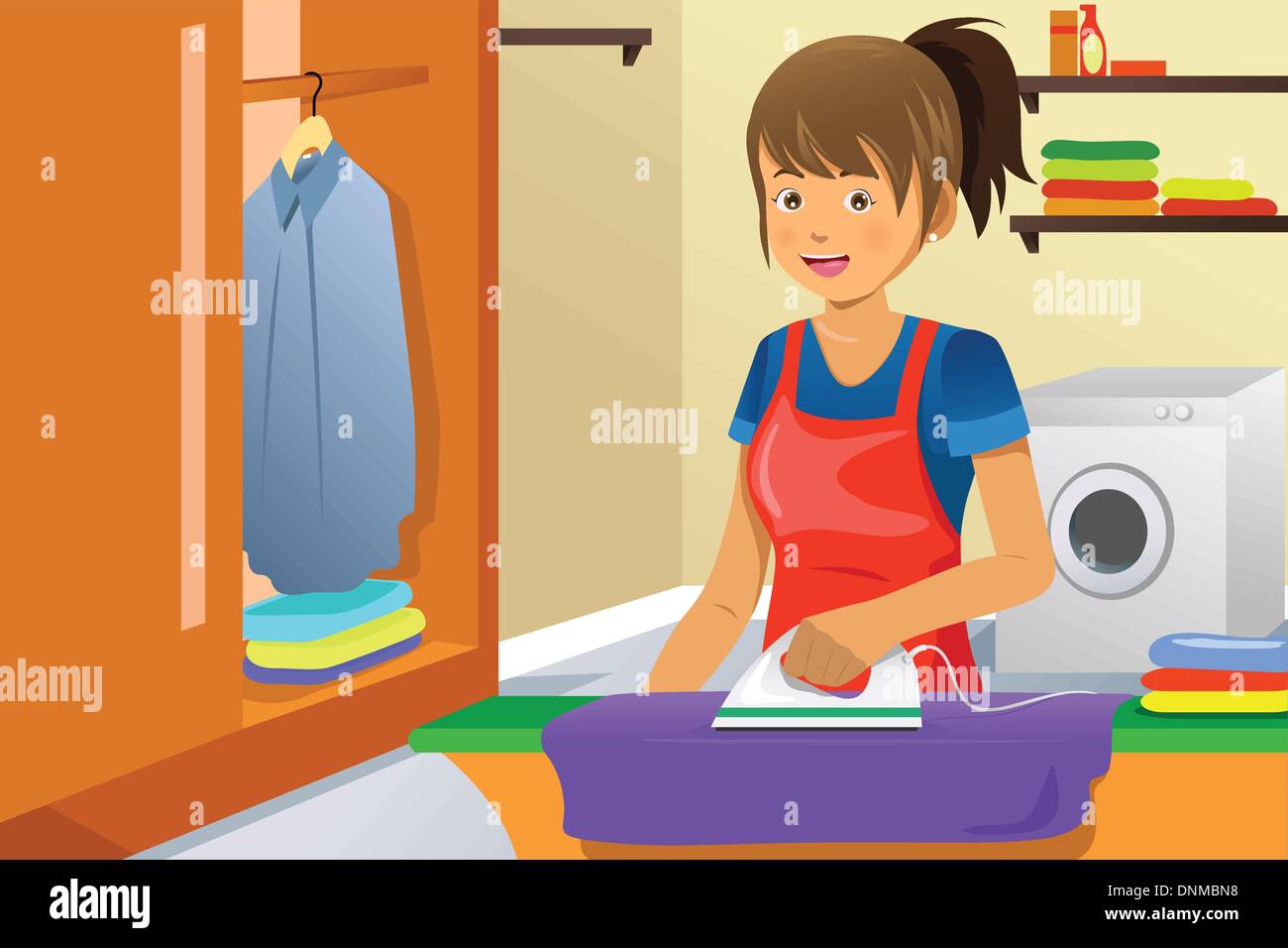 A vector illustration of a housewife ironing clothes at home Stock Vector