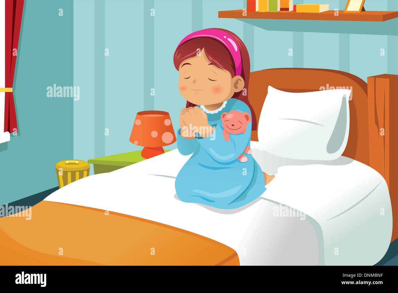 A vector illustration cute little girl praying before going to bed Stock Vector