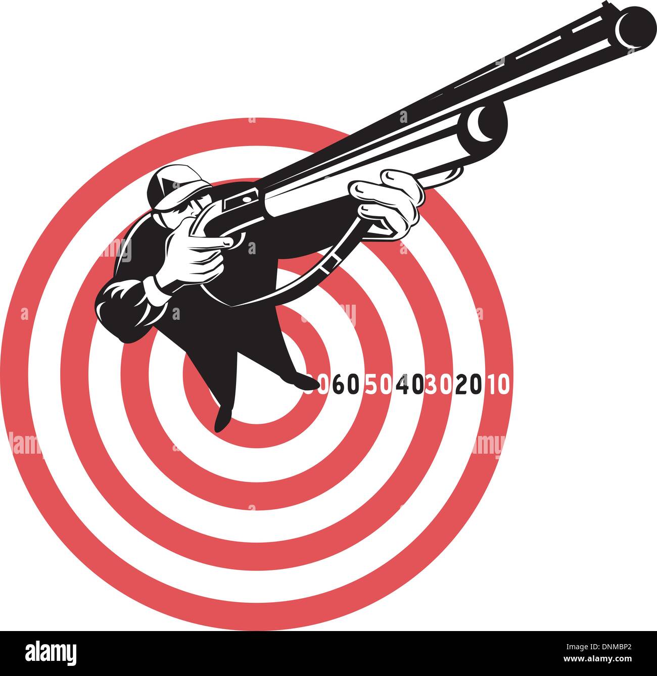 graphic design illustration of a Hunter aiming rifle shotgun with bulls eye in background viewed from a high angle Stock Vector
