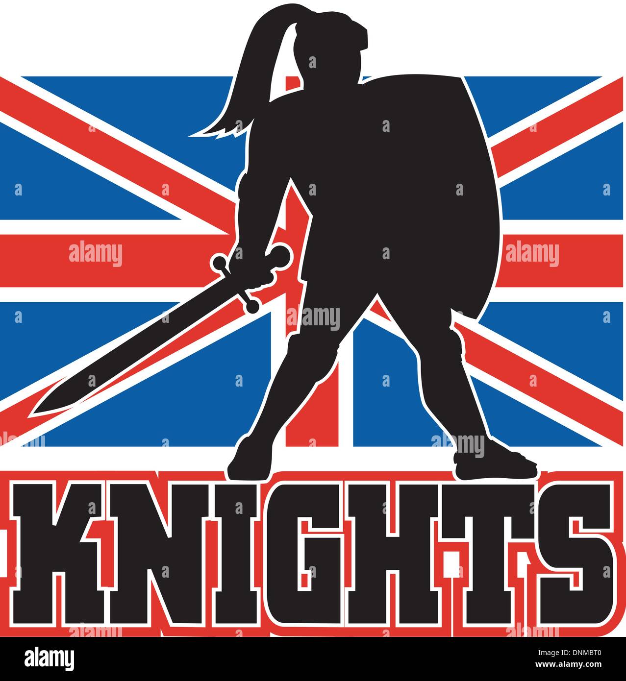 illustration of a Knight silhouette with sword and shield facing side with GB Great Britain British union jack flag in background words Knights' suitable as mascot for any sports or sporting club or organization' Stock Vector