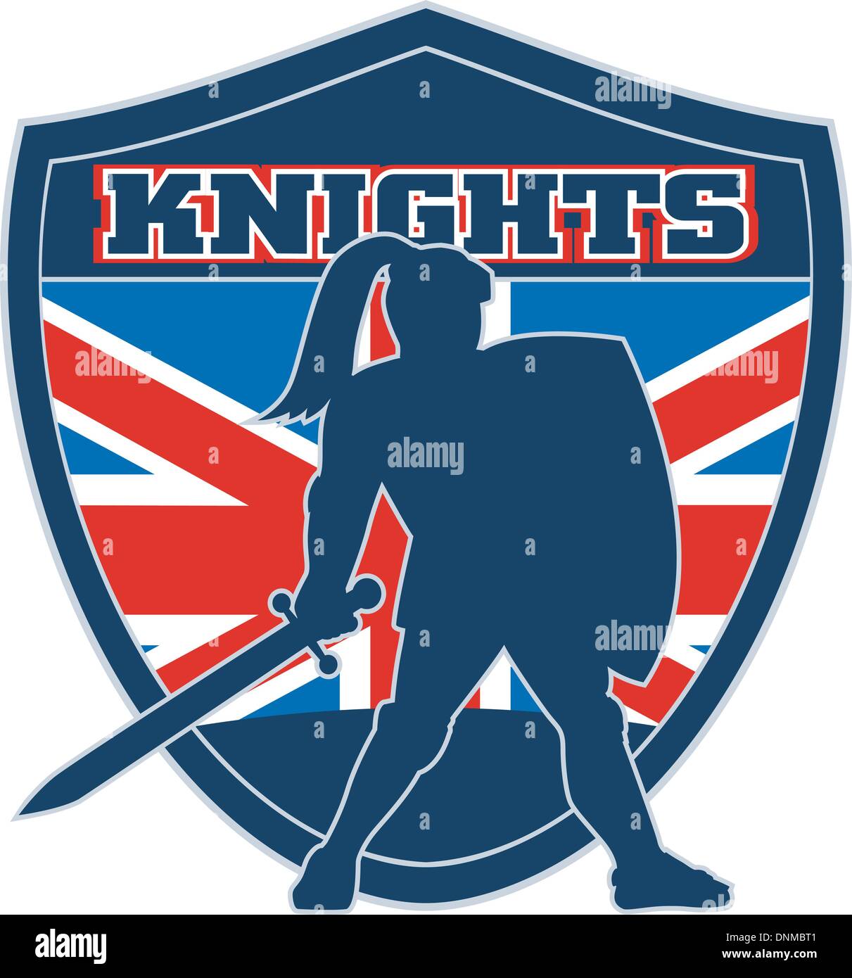 illustration of a Knight silhouette with sword and shield facing side with GB Great Britain British union jack flag in background words Knights' suitable as mascot for any sports or sporting club or organization' Stock Vector