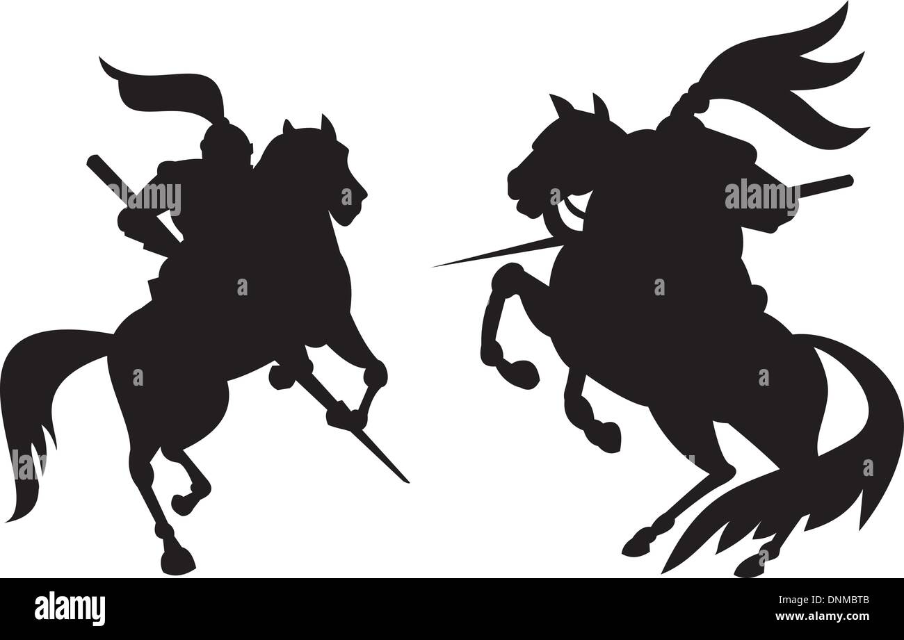 Illustration of knight in full armor riding horse steed silhouette done in retro style. Stock Vector