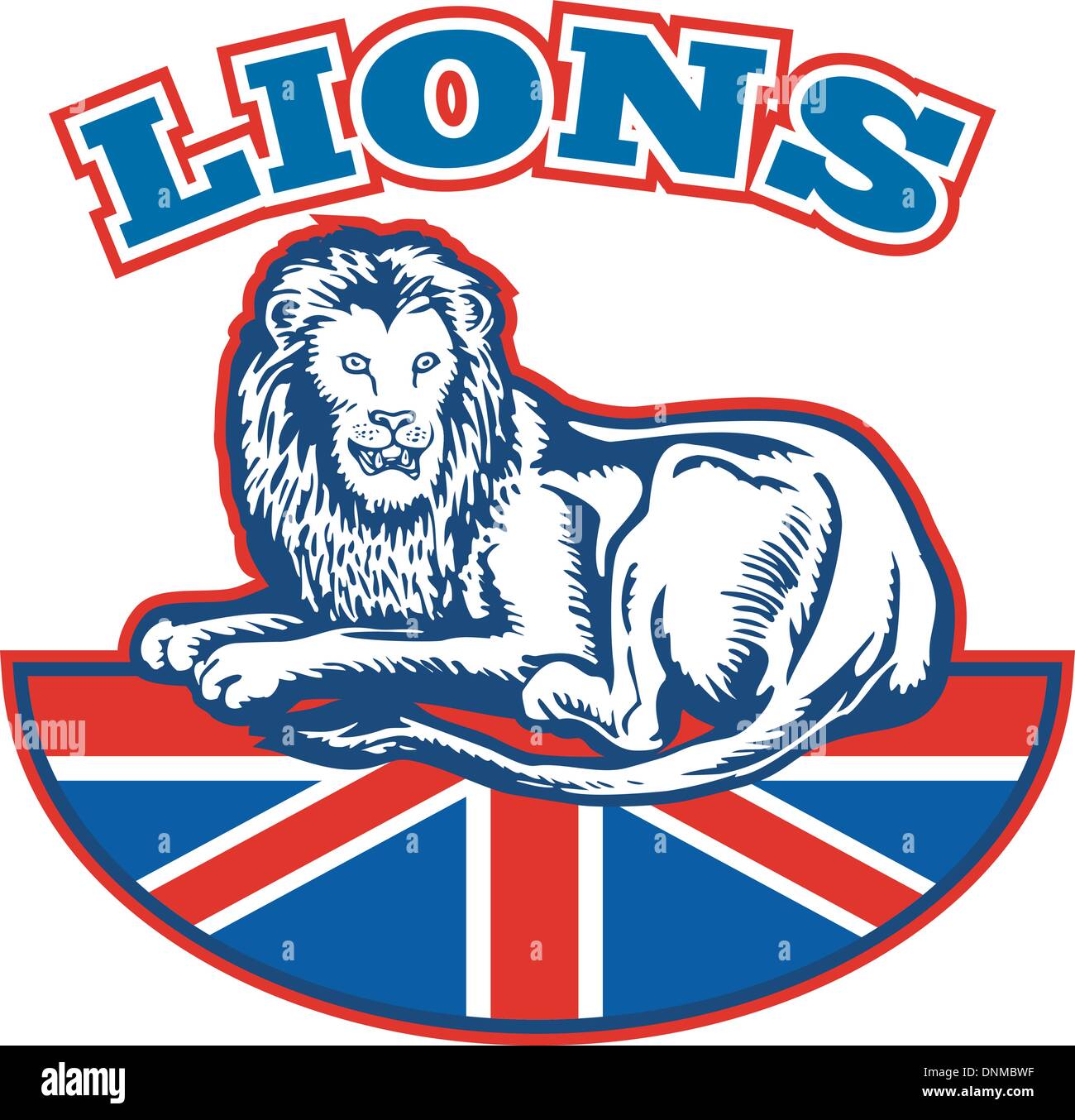 illustration of a Lion sitting on fours  with British Great Britain union jack flag in background Stock Vector