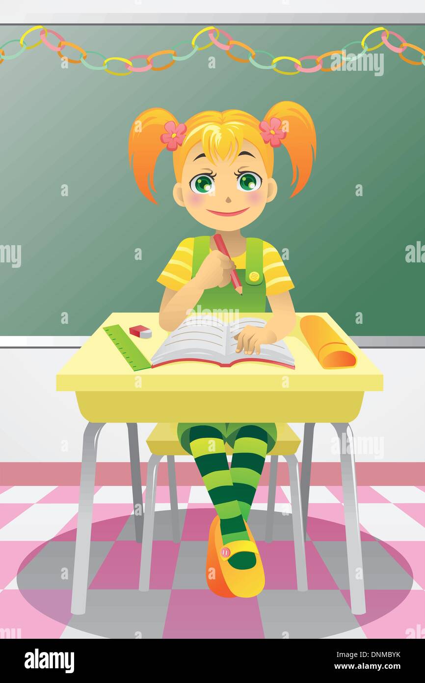 A vector illustration of a student studying in the classroom Stock Vector