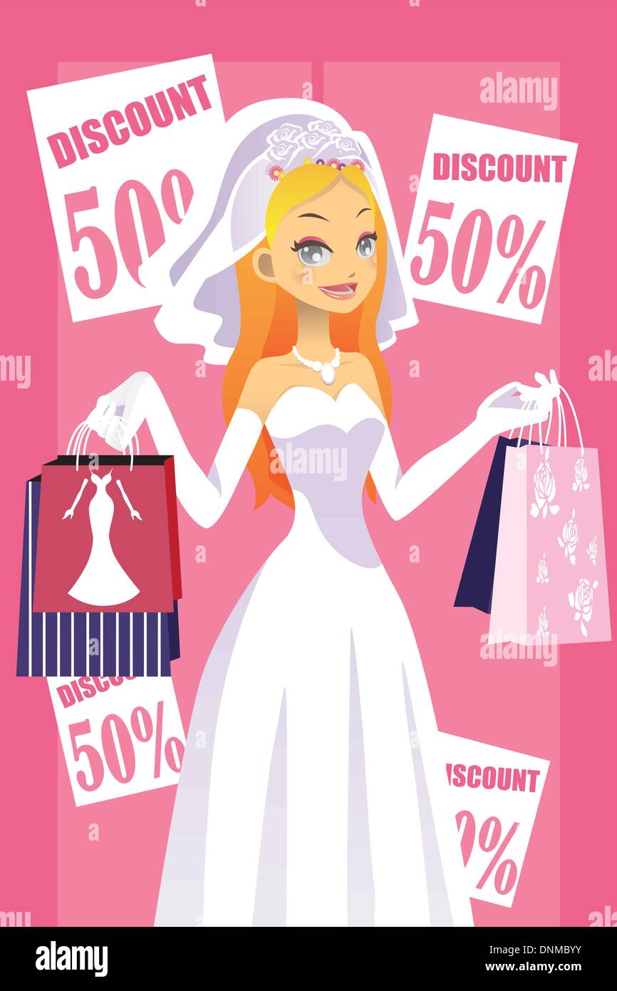 A vector illustration of a bride carrying shopping bags Stock Vector