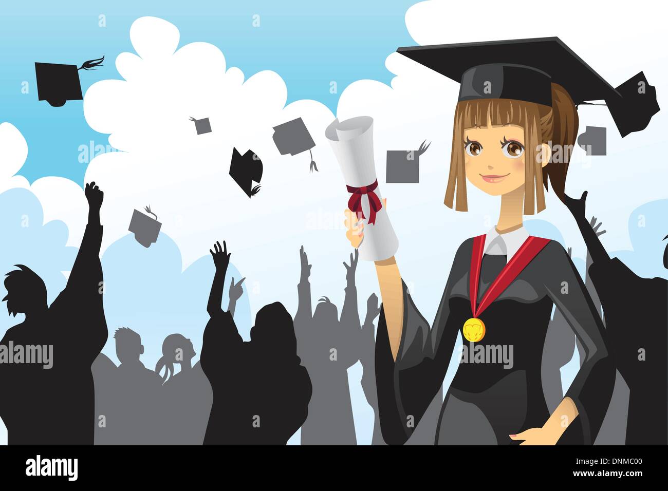 A vector illustration of a graduation girl holding her diploma with her friends in the background Stock Vector