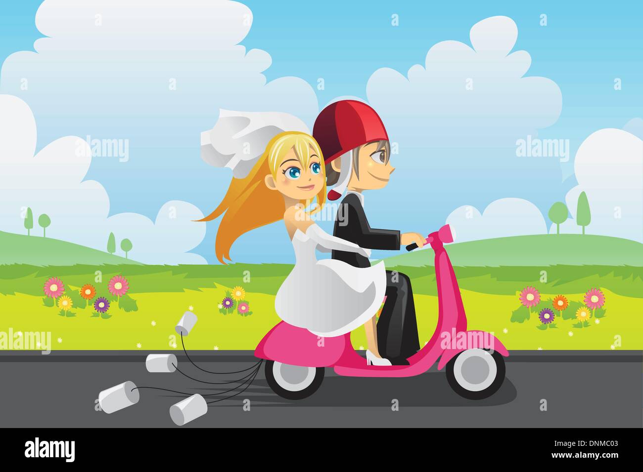 A Vector Illustration Of A Bride And A Groom Riding A Scooter Stock