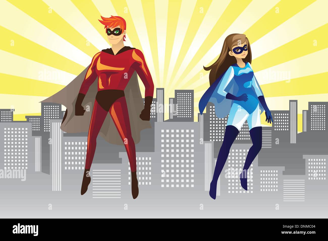 A vector illustration of of a male and female superheroes Stock Vector