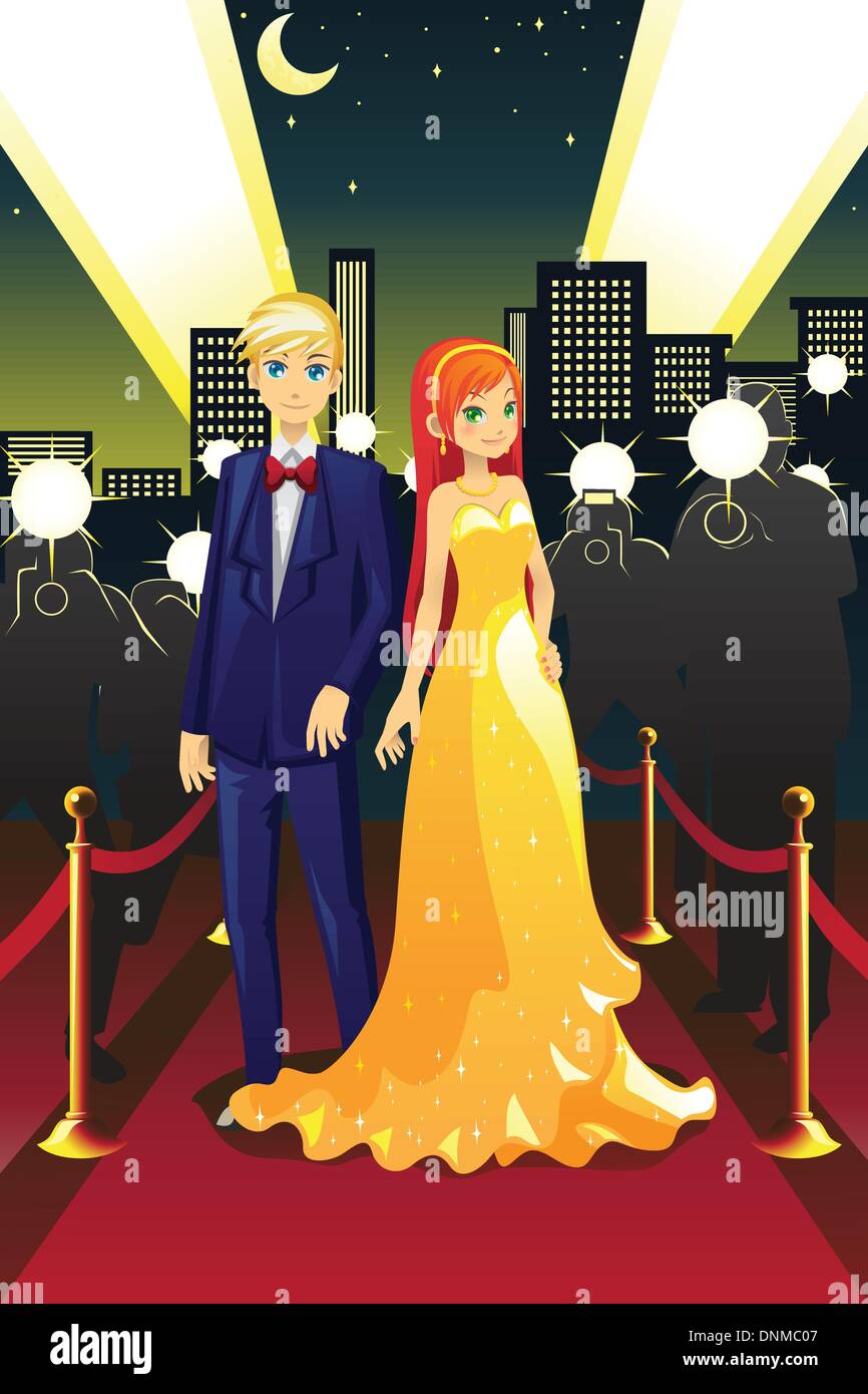 A vector illustration of a couple celebrities on the red carpet Stock