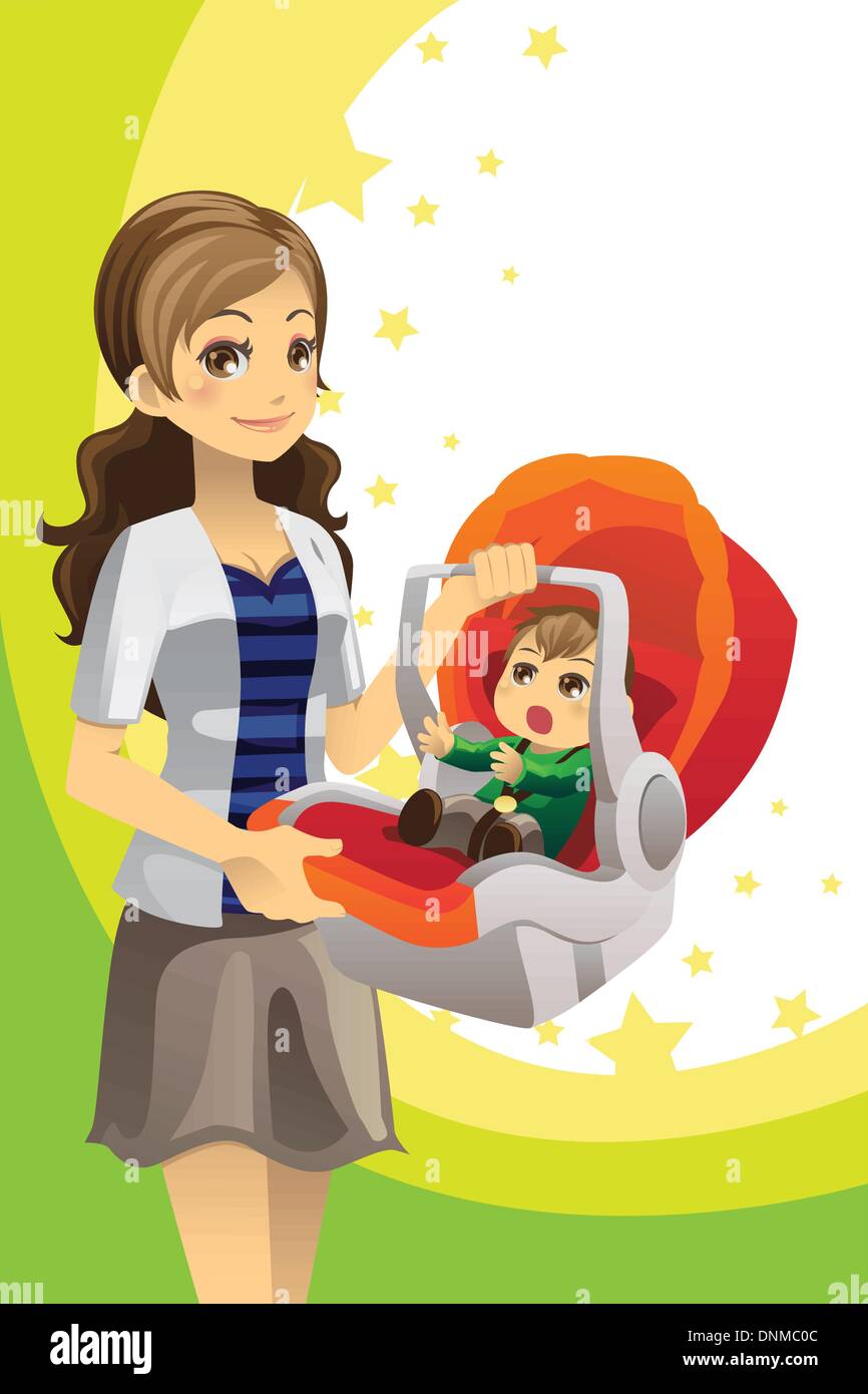 A vector illustration of a mother carrying her baby in a car seat Stock Vector