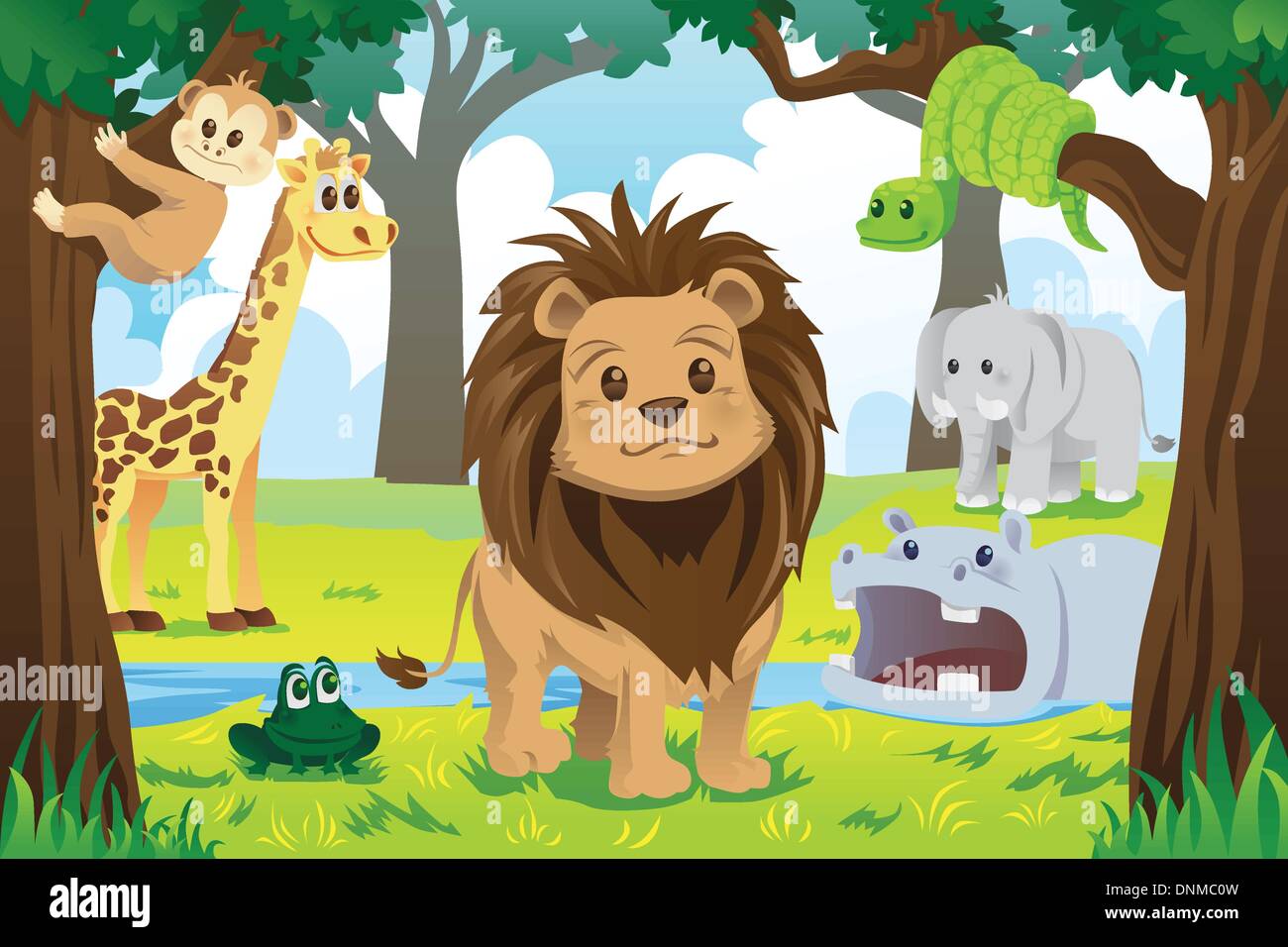 A vector illustration of wild jungle animals in the animal kingdom Stock Vector