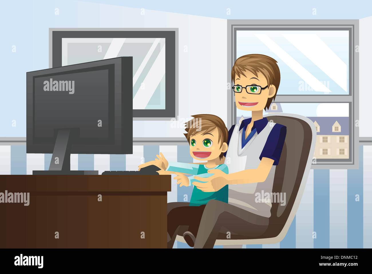 A vector illustration of a father and his son using a computer at home Stock Vector