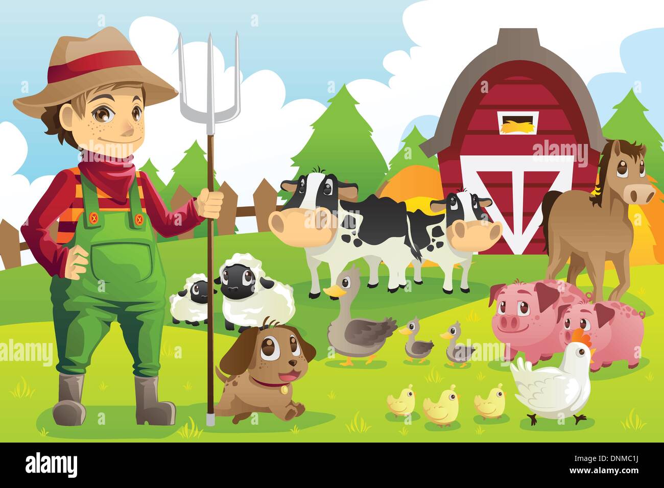 A vector illustration of a farmer at his farm with a bunch of farm animals Stock Vector