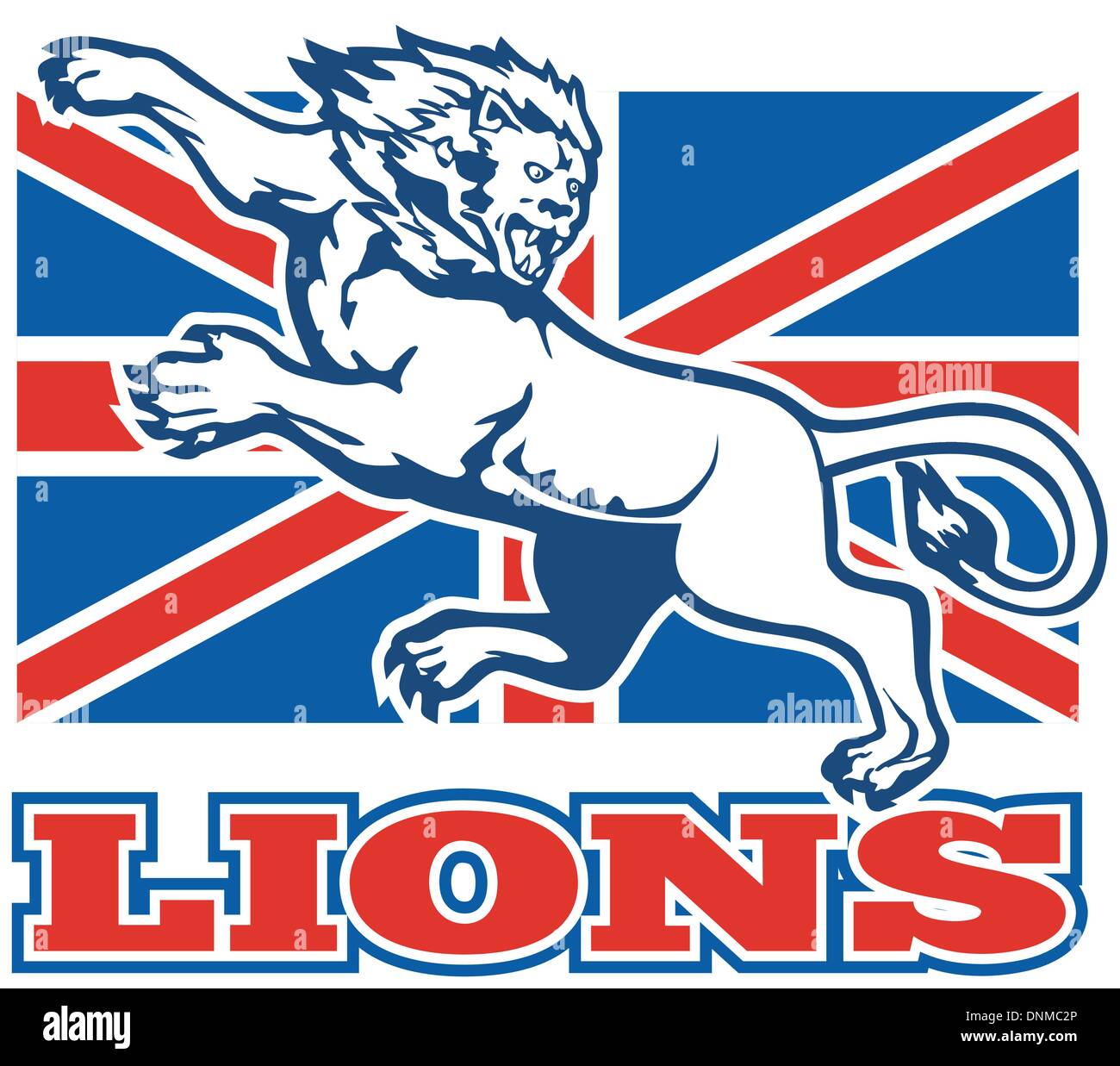 illustration of a Lion attacking with  British Great Britain union jack flag in background Stock Vector