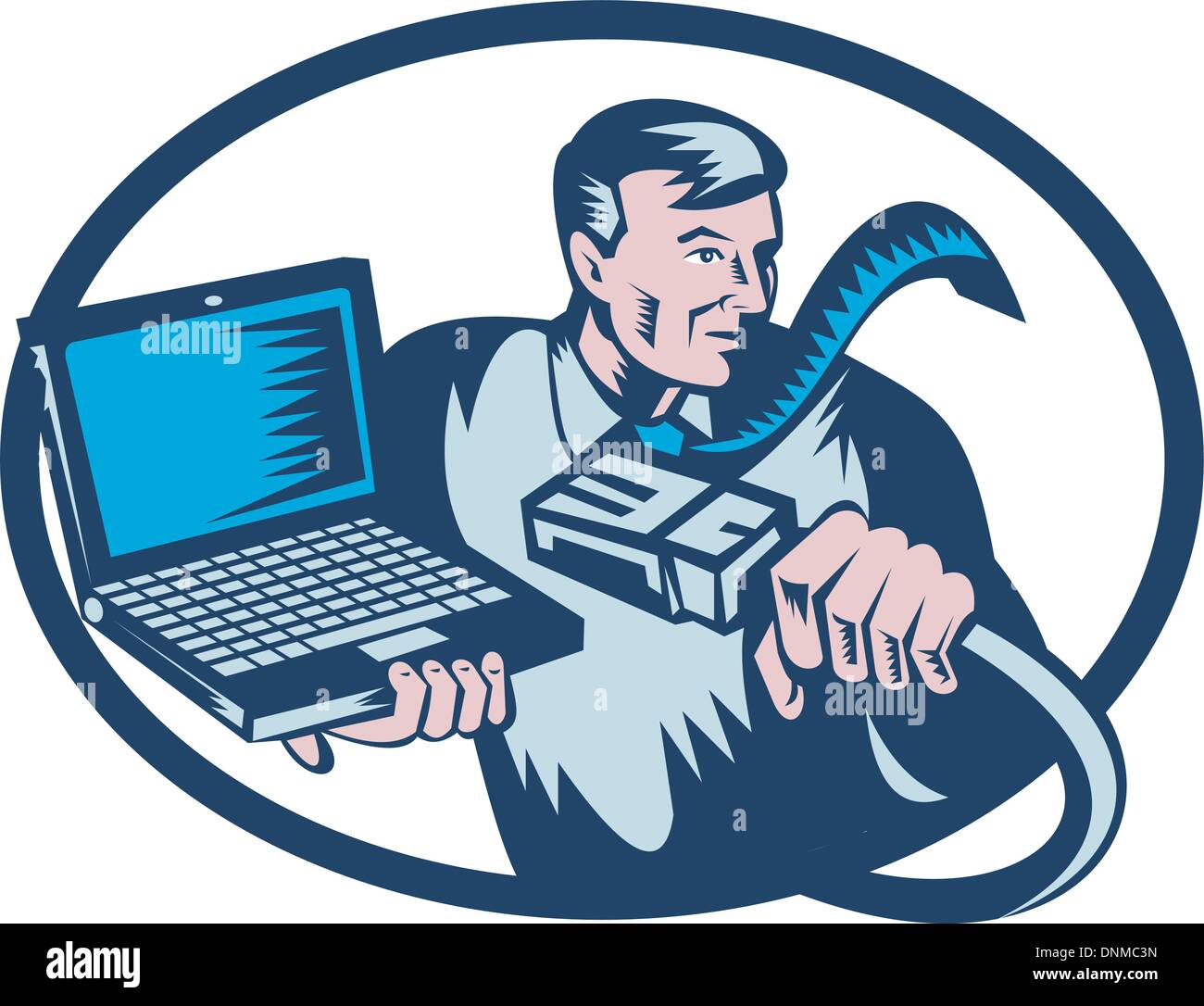 Done in retro woodcut style, the image shows a computer guy holding a network cable and laptop. Stock Vector