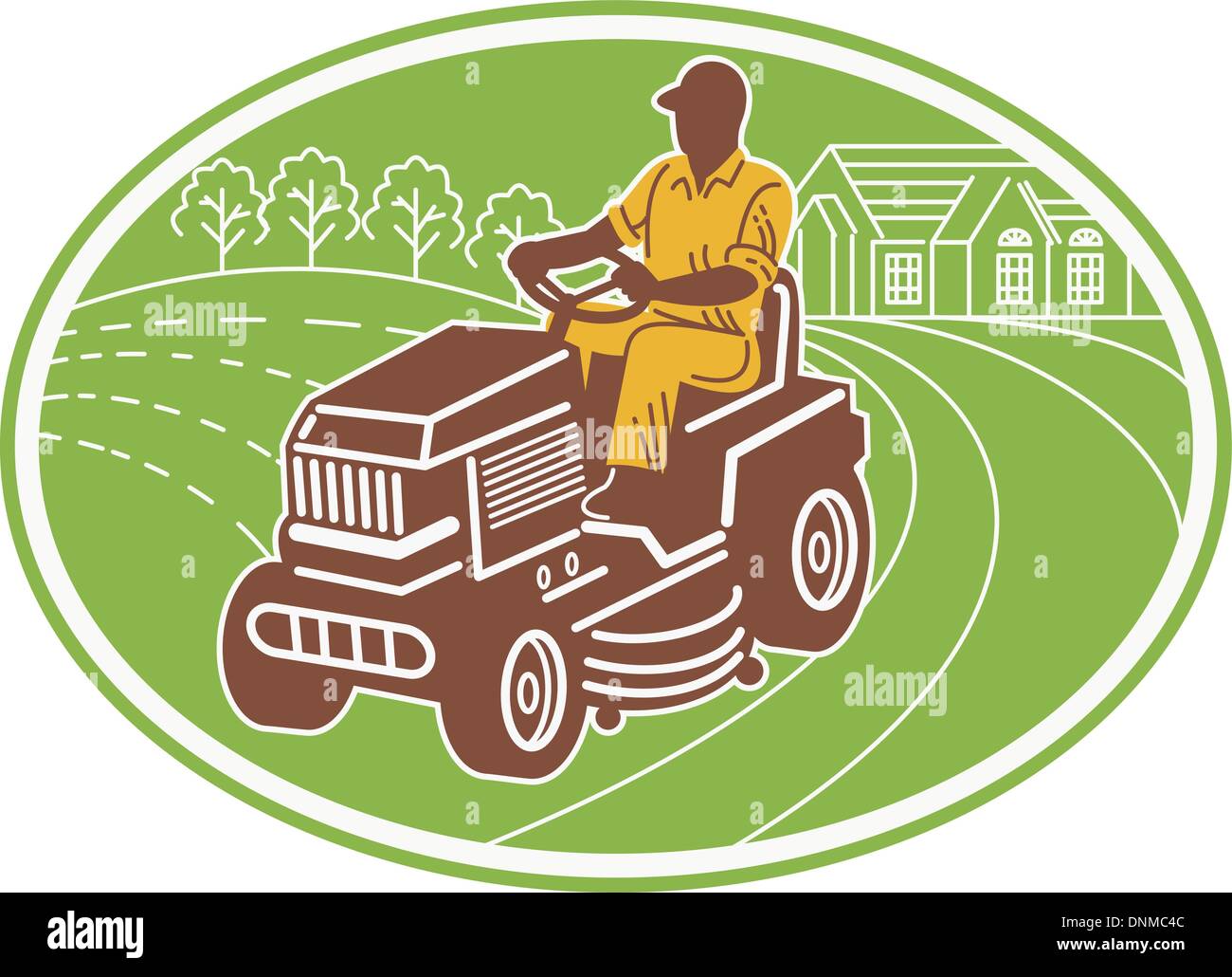 illustration of a male gardener riding lawn mower set inside an oval