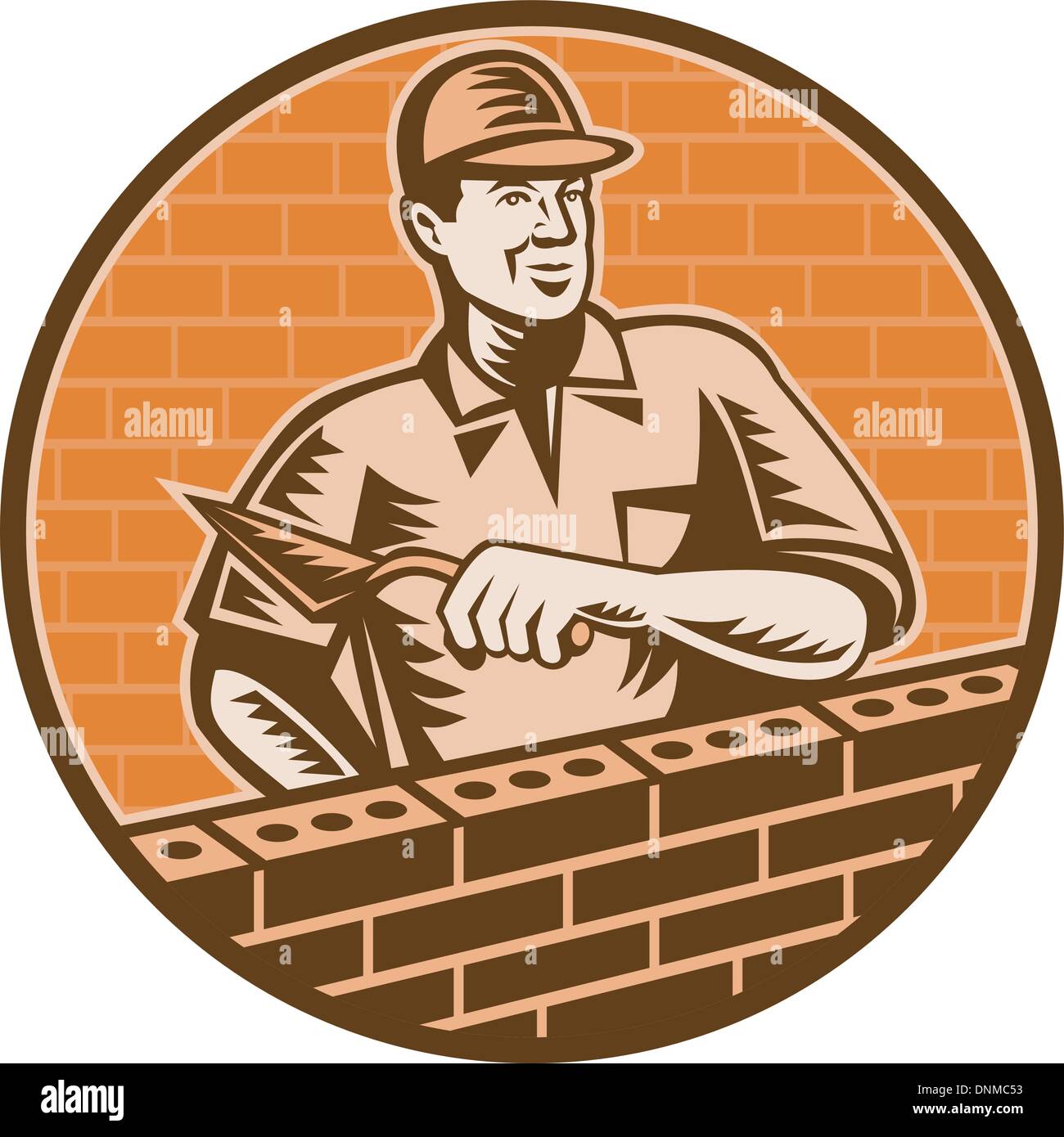 illustration of a Mason worker or brick layer holding a trowel working on brick wall done in woodcut style. Stock Vector
