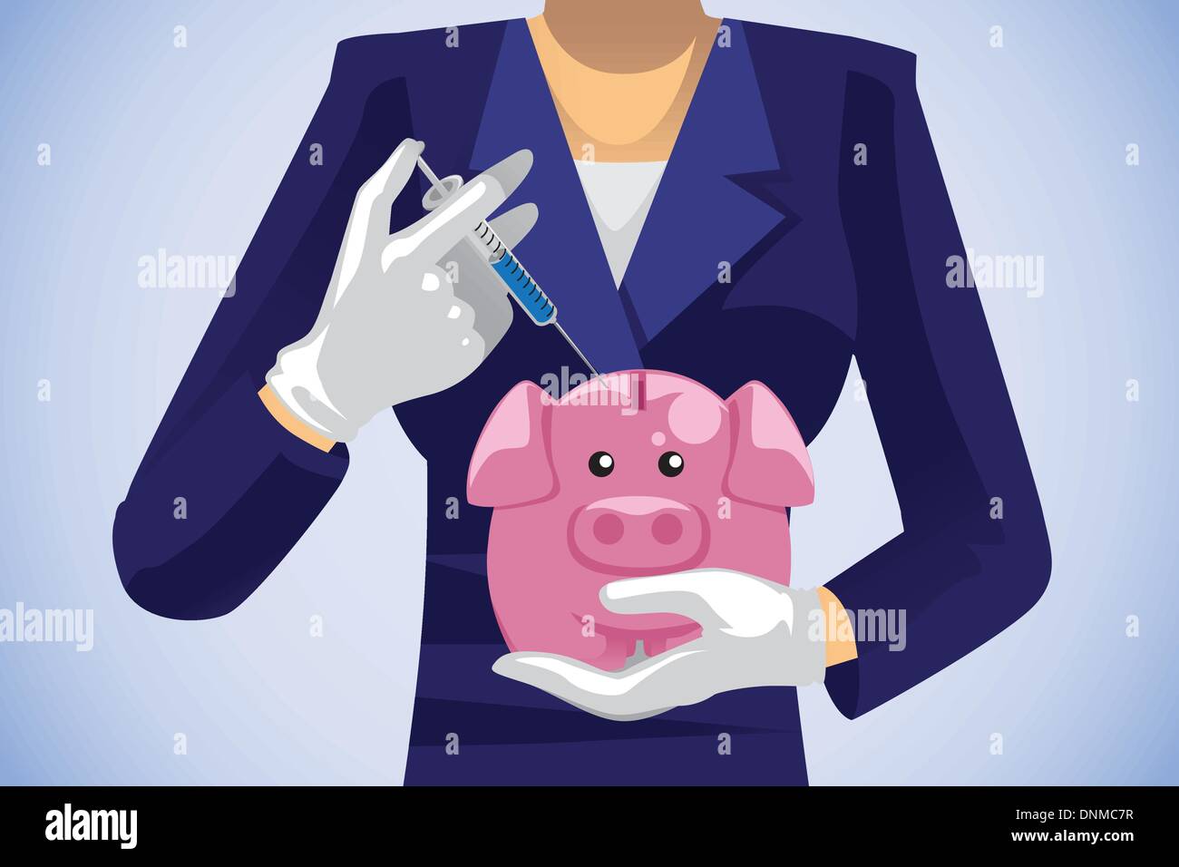 A vector illustration of a healthcare savings concept, a person injecting a syringer into a piggy bank Stock Vector