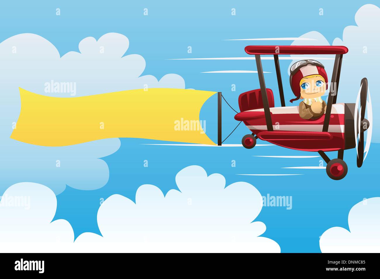 A vector illustration of a pilot on an airplane carrying a blank banner Stock Vector