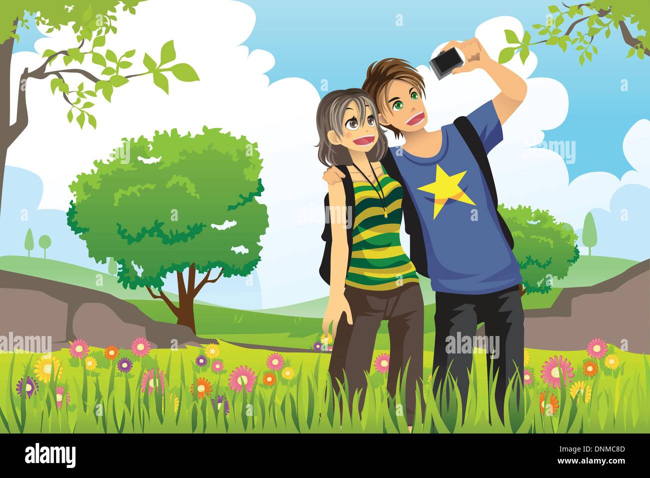 A vector illustration of a young tourist couple taking a picture of themselves Stock Vector