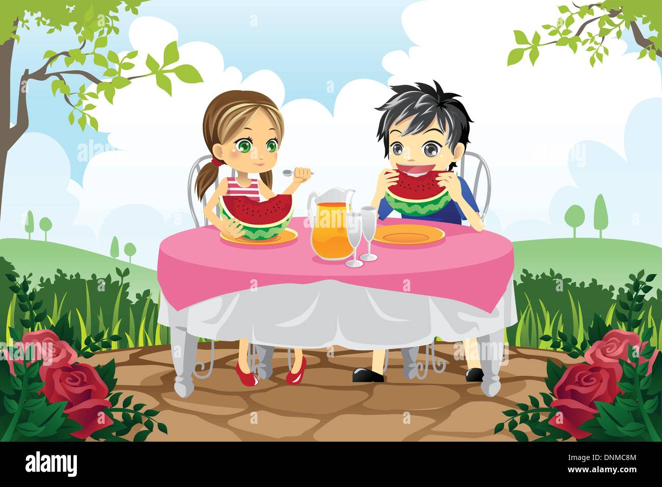 A vector illustration of two kids eating watermelon in a park Stock Vector