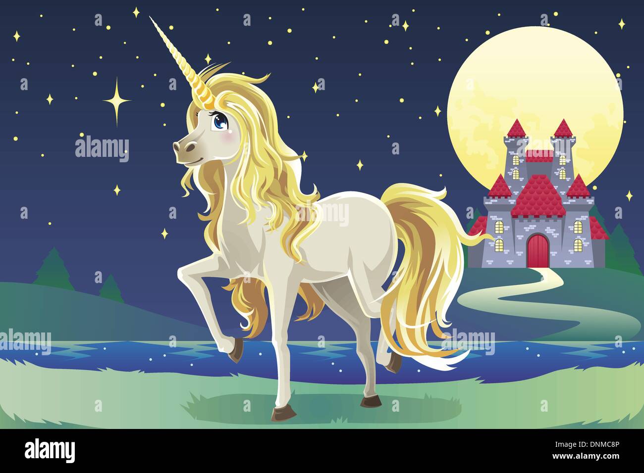 A vector illustration of a unicorn outside of a castle Stock Vector