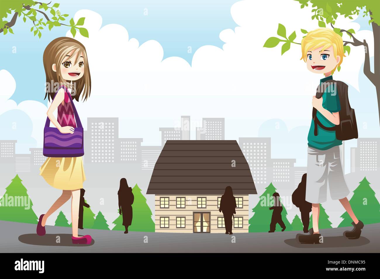 A vector illustration of kids going to school Stock Vector