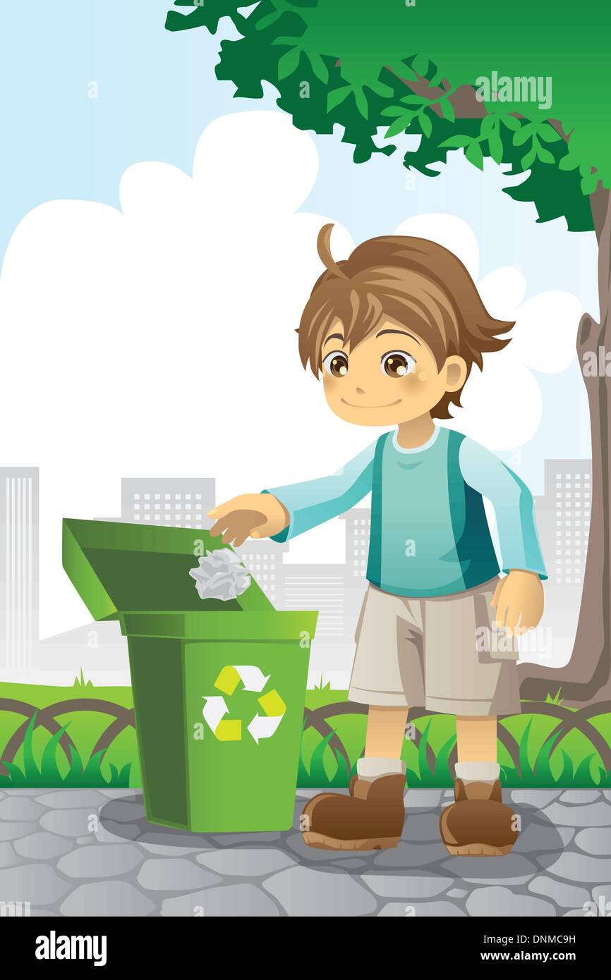 A vector illustration of a boy recycling a piece of paper Stock Vector