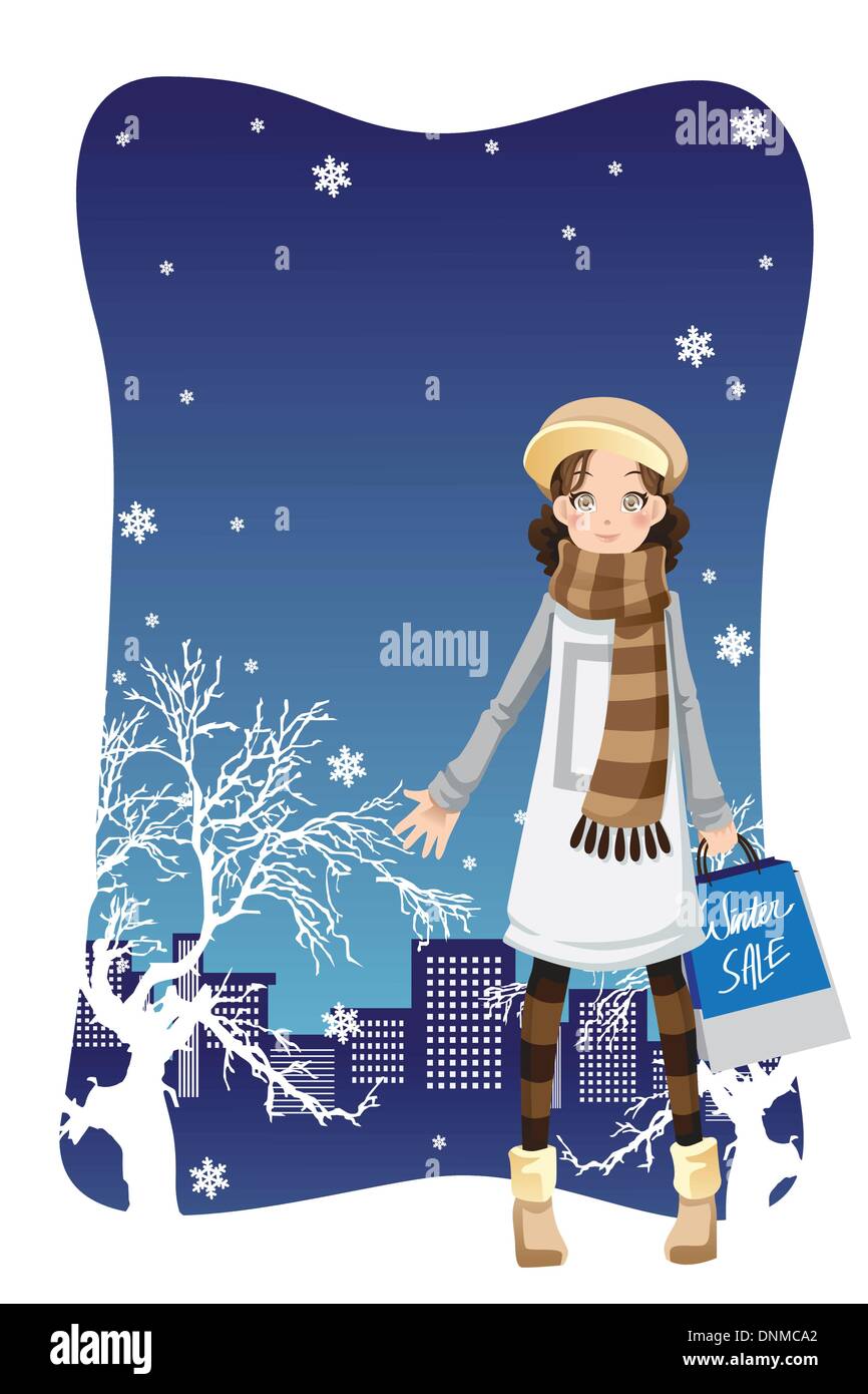 A vector illustration of a beautiful girl shopping in the city during winter season Stock Vector