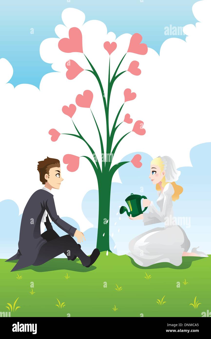A vector illustration of a wedding couple watering the tree of love ...