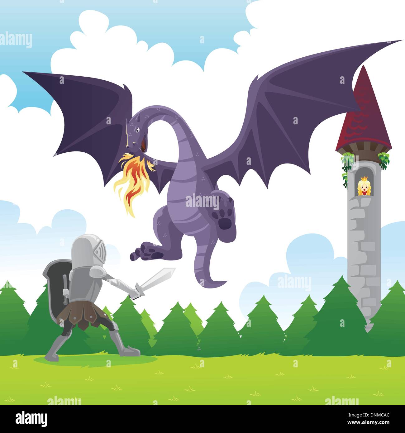 A vector illustration of a knight fighting a dragon to save a princess Stock Vector