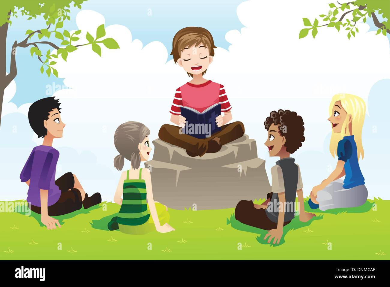 A vector illustration of a group of kids studying bible Stock Vector