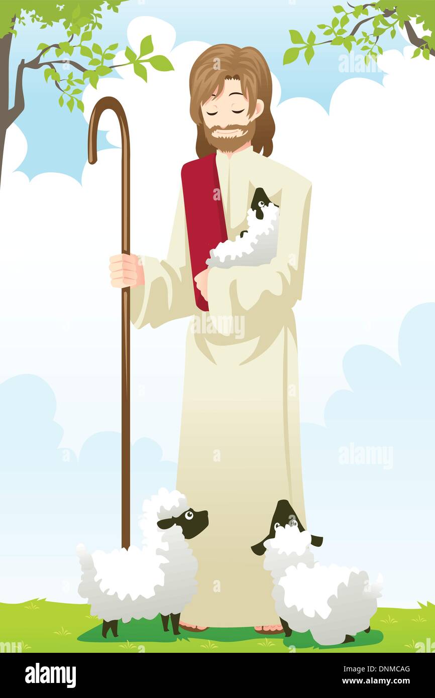A vector illustration of Jesus with two sheep Stock Vector
