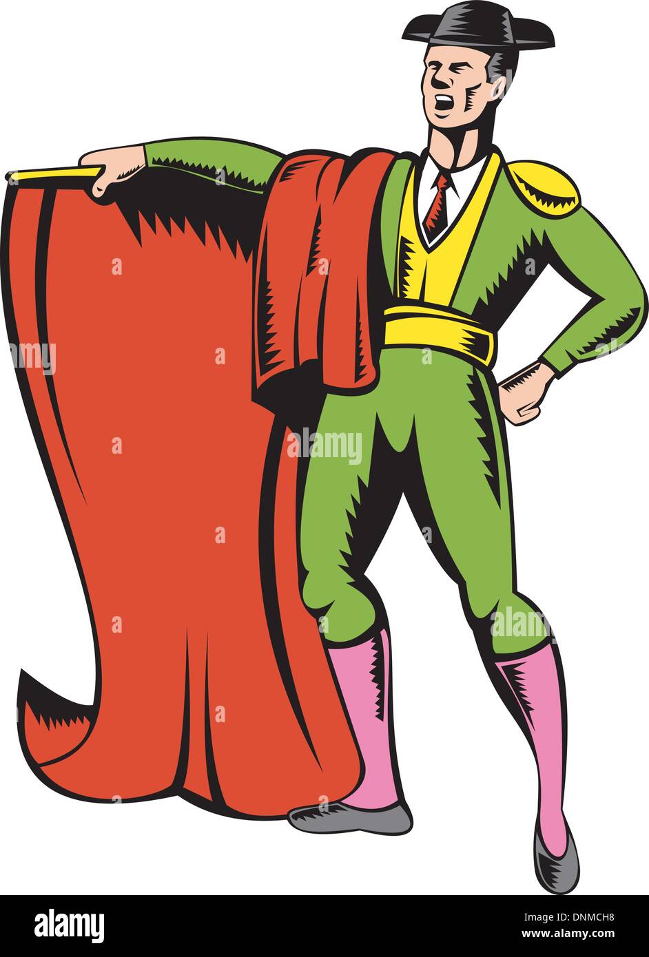 Illustration of a matador bullfighter with cape done in retro style. Stock Vector